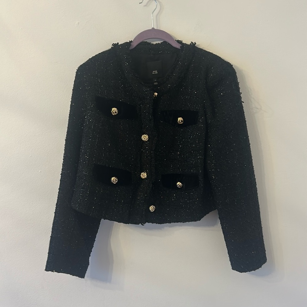 River Island Black Button Front Tweed Boucle Blazer Jacket Size 12 - Picture 5 of 7